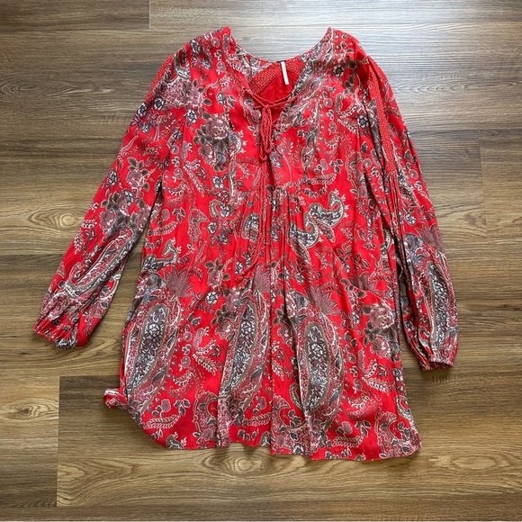 Free People Womens Small Rain or Shine Dress Poppy Red Paisley Lace Pockets Boho - Picture 1 of 8